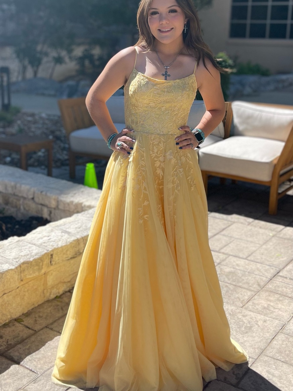 Yellow Spaghetti-Strap Prom Dress with Embroidered Bodice. Worn once. Size 3!
